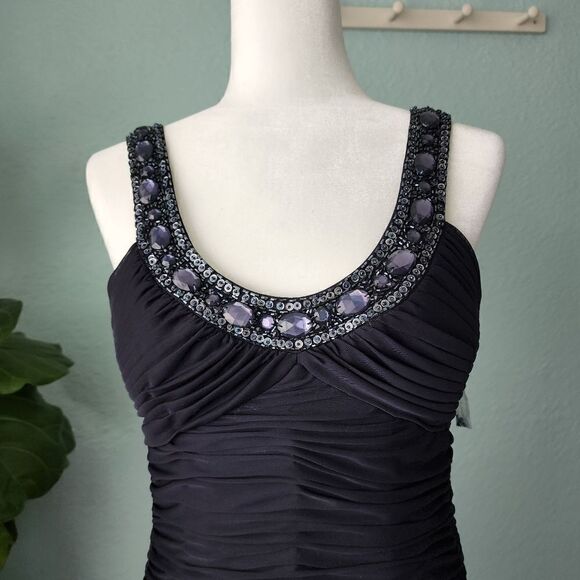 XSCAPE ruched cocktail navy blue embellish neck midi dress - Picture 2 of 9